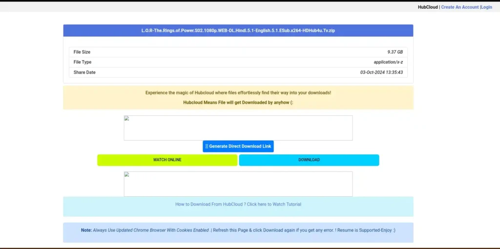 Screenshot of generating direct movie  download link